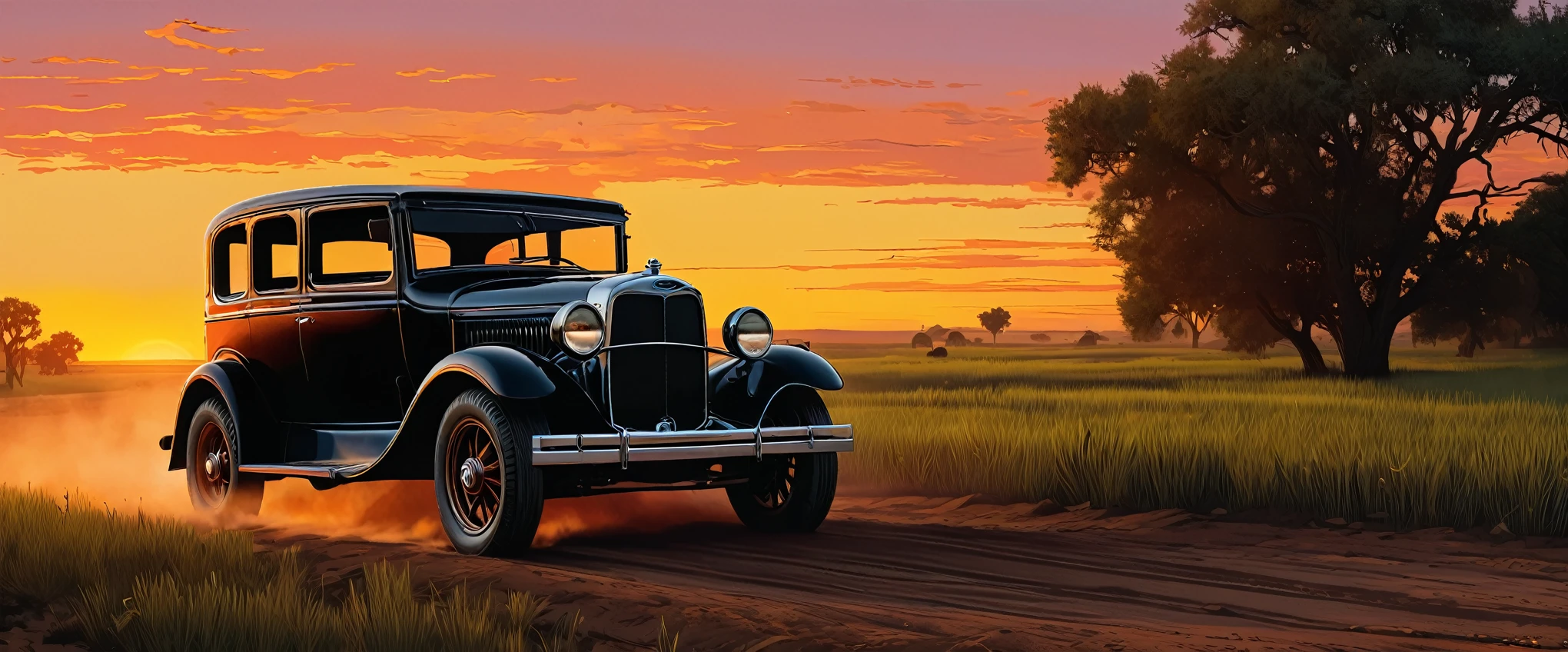 stylized digital art featuring a black Ford T driving down a dusty dirt road through a field during sunset. The sky is painted in warm shades of orange, yellow and red, with the sun low on the horizon. The car is portrayed from the corner, with its shiny black bodywork. Its wheels are classic, with a white stripe, rubberized tire and shiny metal rim that reflects the light of the setting sun. The car's headlights are on. The field is filled with tall grass that sways in the wind. The grass is represented in shades of green and brown, with some lighter areas, which could be an artistic choice to emphasize the intensity of the scene. The overall art style is reminiscent of comic book art, with bold lines and a limited color palette that enhance the dramatic effect of the scene. Art by Dechko Uzunov, highly detailed vector art, Red Dead Redemption art style, at sunset, comic book art, digital Ford T, Martin Ansin, by Evan Charlton, sunset!, by Eddie Mendoza, sunset illustration sun, featured art, digital colorful illustration, (masterpiece), best quality