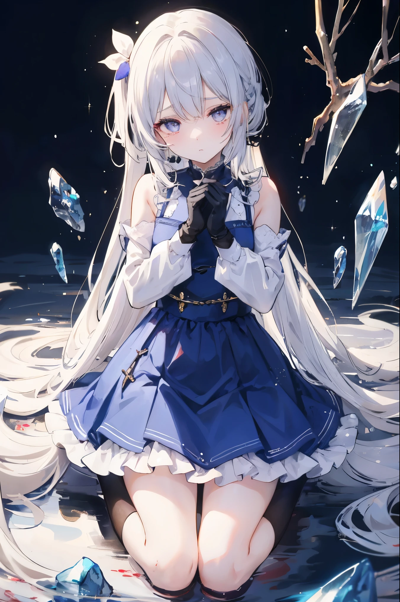 （（masterpiece：1.4，best quality）），（Super detailed），（Extremely detailed eyes），（Black leggings，Shiny socks：1.5），Hello Darkness
（Cute girls），15 years old，（Blood-red pupils，Diamond-shaped pupil：1.15），Purple Eyeshadow，（Elongated hair，Thick hair，Single ponytail，shiny hair：1.5）（Variza：1.2），Fair skin，despair，Grief，Empty eyes，Tears streaming down my face，tilt head to one side，Kneel down
（She wears blue armor，A blue dress，：1.5），（blue gloves：1.4）Very long plush sleeves，Chained hands，White，White Cloud，Dream bubbles ，Black nails，Ice and glitter effects
（Black long skirt：1.1），
（dawn：1.2），
（Intense black and white：1.16），（Depth of Field：1.4），，Intricate details，