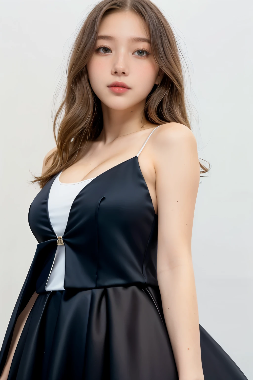 1girl, black random formal dress, white background, brown hair, american girl, blue eyes,