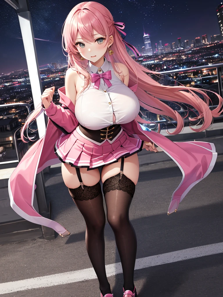 Super Resolution、
(Lively:1.3)、
(One slim girl)、Stylish girl、Huge boobs:1.5、put on pink clothes、黒いmini skirt、Ribbon thick thighs、garter belt、Knee-high socks、Earringini skirt、
Exquisite beauty、Beautiful Face, City of night、Embarrassed face