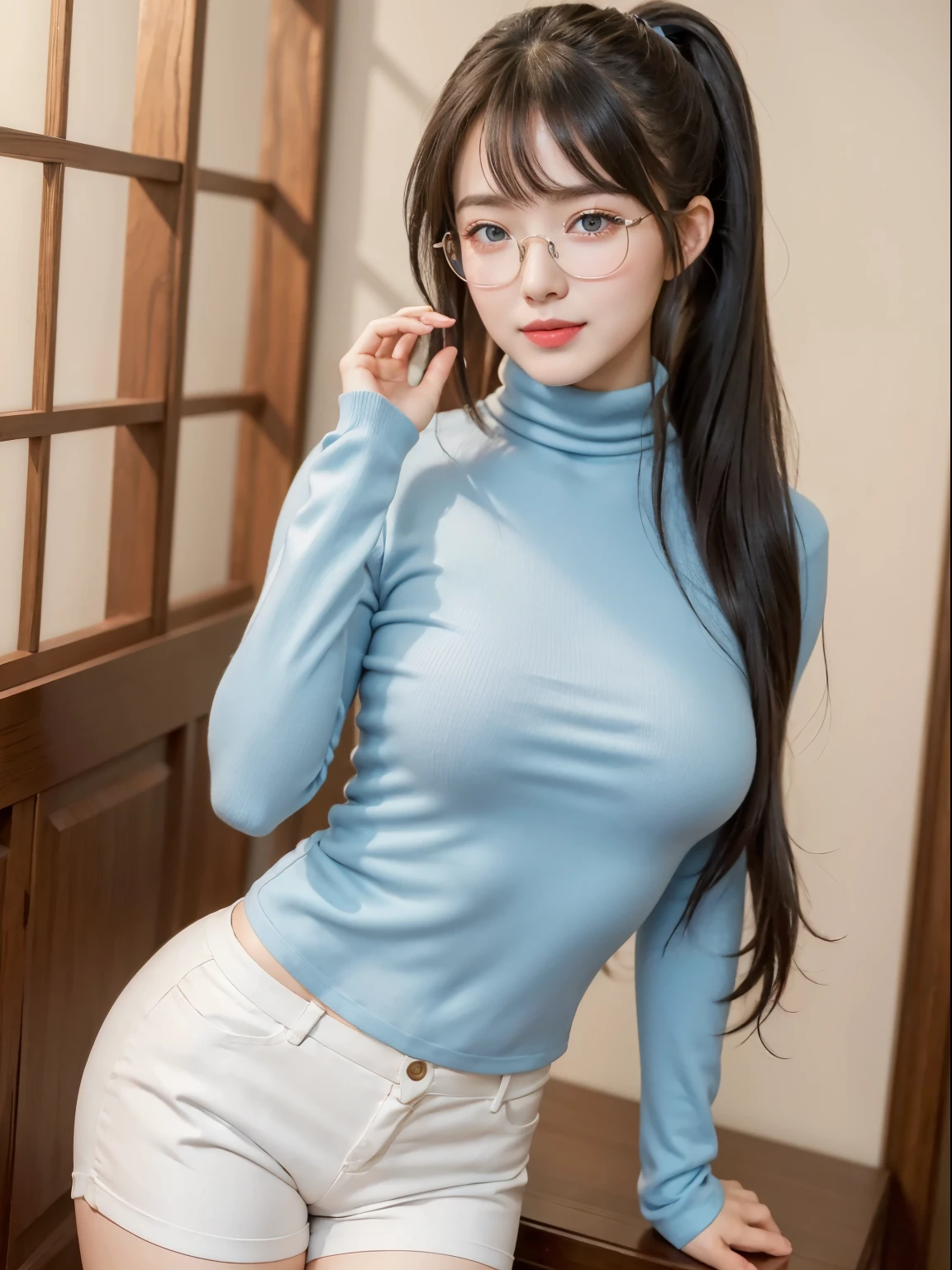 (Best quality, masterpiece, detailed), (RAW, 4k, hd images), shy, 1 girl, , white skin, long hair, ponytail, layers hair, bangs, black hair, beautiful girl, cute girl, sweet girl, pretty girl, perfect girl, pretty eyes, blue eyes, thin lips, thin, eye line, perfect round breast, glasses(detailed frame), simple background, smile, thigh, legs, turtleneck, short pants, standing, side angle capture, half body, side breast, erotic pose