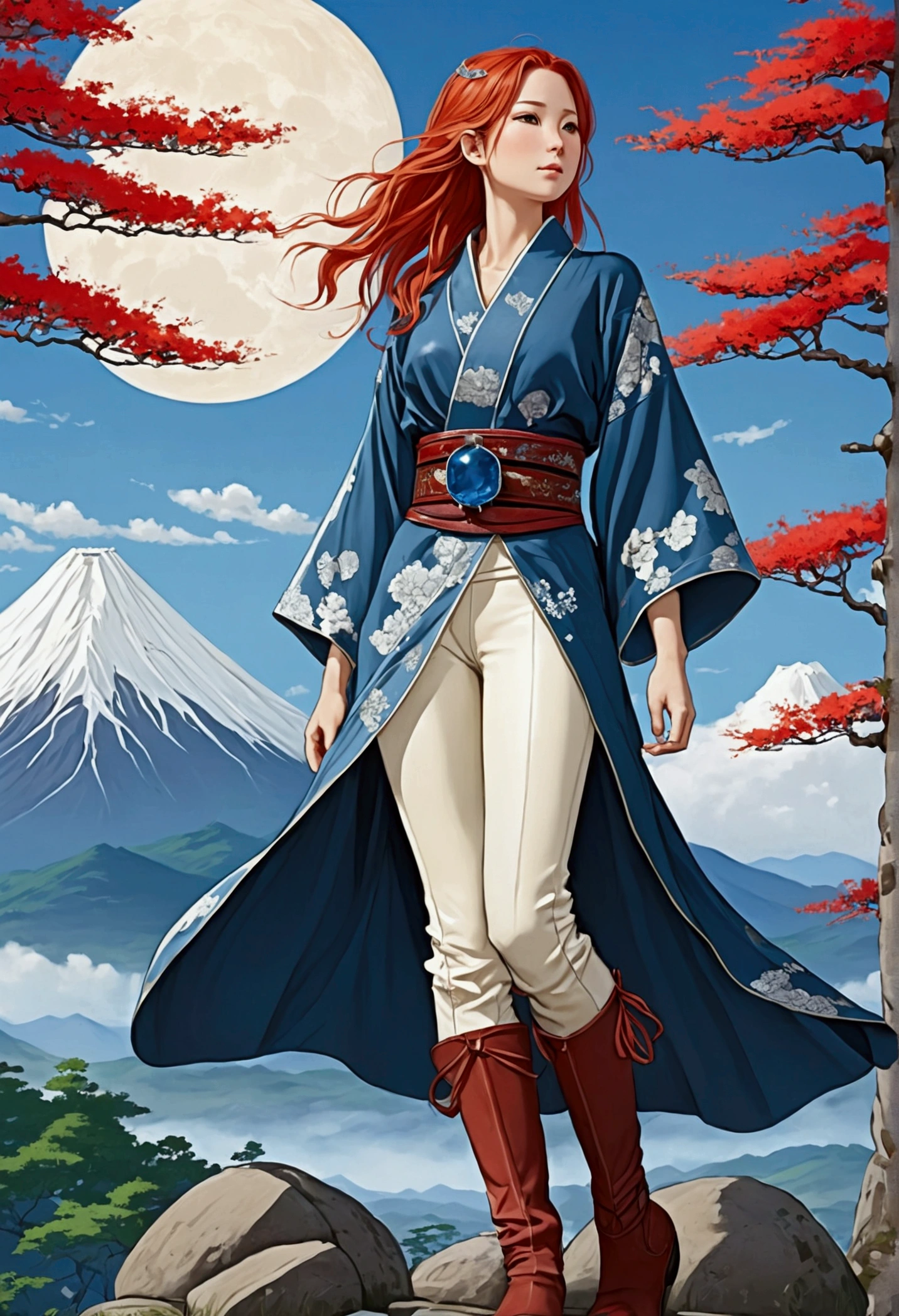 A beautiful young woman around 20 years old with red shoulder-length hair. She is wearing a blue, knee-length, Western-style robe. The robe has a white turtle-shaped pattern on the chest with a single red gemstone in the center. She has a leather belt around her waist and is wearing thick ivory-colored leggings and knee-high boots. The background features a vast and serene landscape with a tall stone cairn structure and a clear sky. The scene is styled in a beautiful Japanese anime art style.