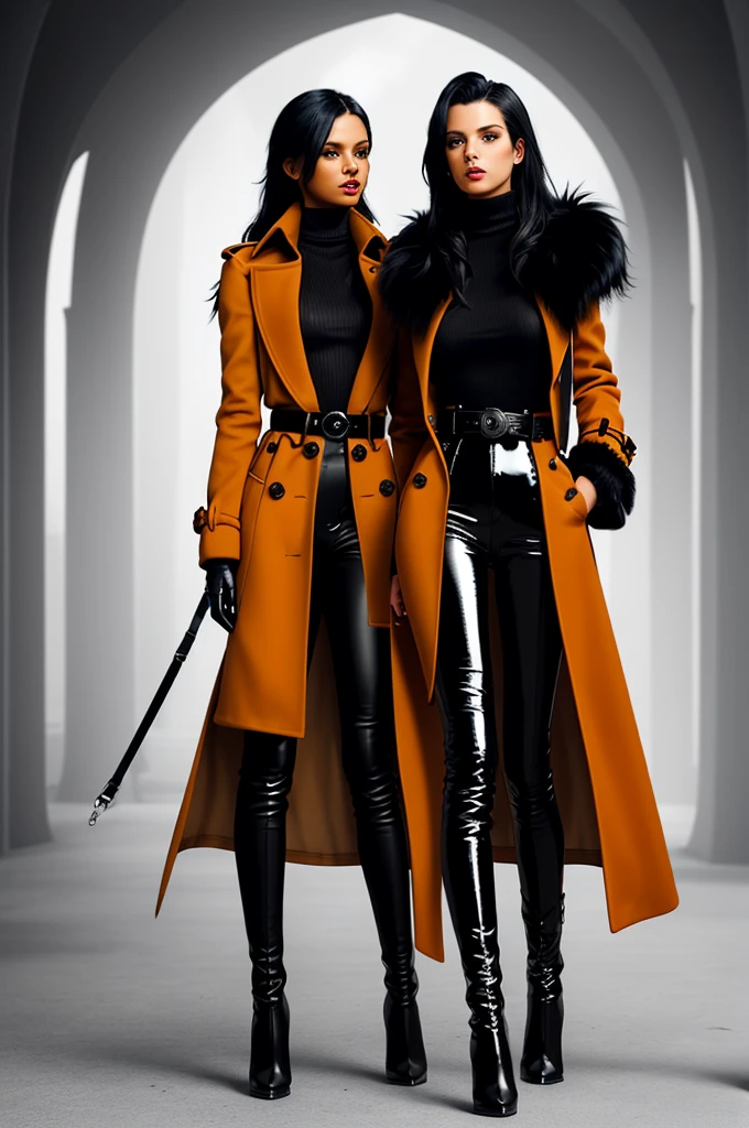 Final fantasy taste and reality graphics, Japanese young cute and cool ikemen boy and cute and beauty girl,,boy and girl couple, both age is early 20s,both thin eyebrows and beady eyes, girl is black long hair, boy wearing orange beige color double brest very thick trench coat, with a black color neck fur.,neck fur is black color, must black neck fur,
Must tighten your belt of coat, with epaulet, must close the front of the trench coat,, must trench coat cloth the front, also wearing black very thick turtleneck lackluster shirts, tight black leather pants, shiny black leather tight and must put on a thin leather glove both hands, black leather knee-high raceup boots,
Girl wearing white color double brest very thick long coat,Must tighten your belt of coat, must trench coat cloth the front, also wearing black very thick turtleneck lackluster shirts, tight black leather pants, shiny black leather tight and must put on a thin leather glove both hands, black leather knee-high raceup boots,must views head-to-toe,must views whole body, boy and girl looks like fashion model,Do not show skin from the neck down,leather glove and leather pants have few wrinkles, in the room,,Avoid showing your innerwear,must close coats waist belt.man and woman couple.