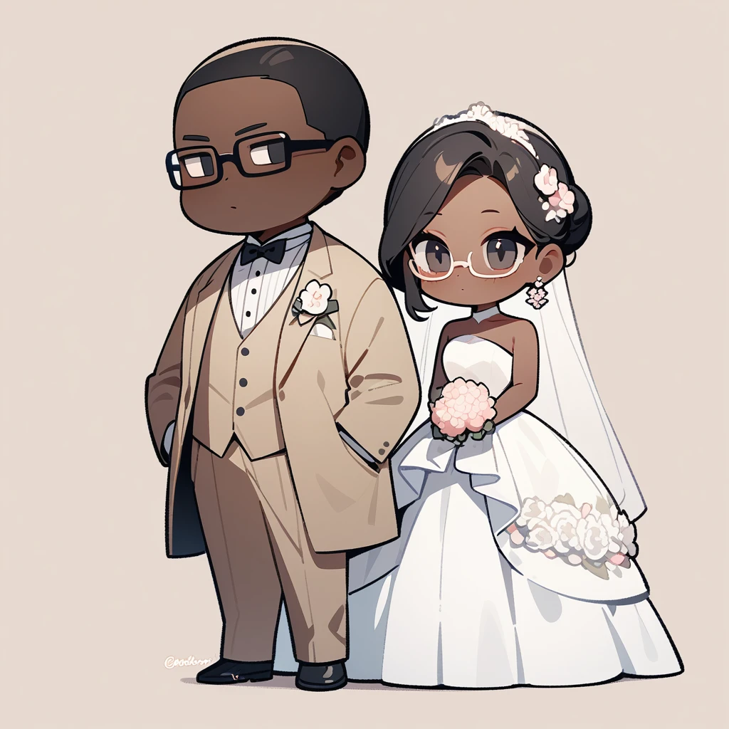 chibi style，Lovely，masterpiece, best quality, 8k, Couple（One man and one woman），man（Brown skin，Indian）Suit，woman（Black Hair，wear glasses）Wedding dress，Clean background