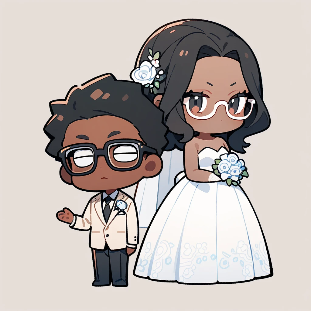chibi style,Lovely,masterpiece, best quality, 8k, Couple(One man and one woman),man(Brown skin,Indian)Suit,woman(Black Hair,wear glasses)Wedding dress,Clean background