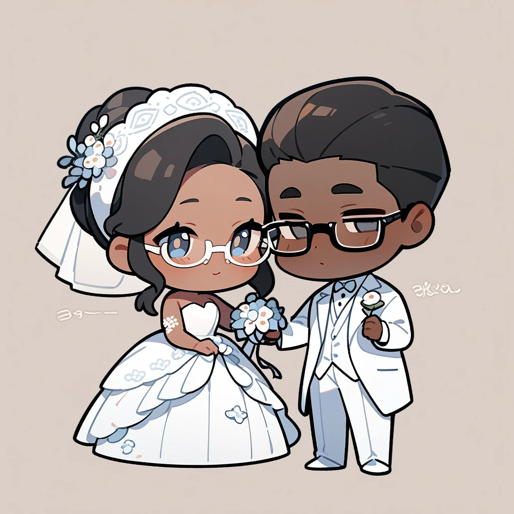 chibi style,Lovely,masterpiece, best quality, 8k, Couple(One man and one woman),man(Brown skin,Indian)Suit,woman(Black Hair,wear glasses)Wedding dress,Clean background