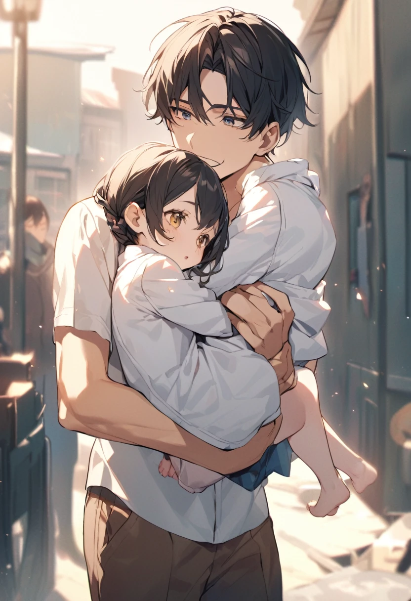 Big brother holding his little sister in his arms and carrying her