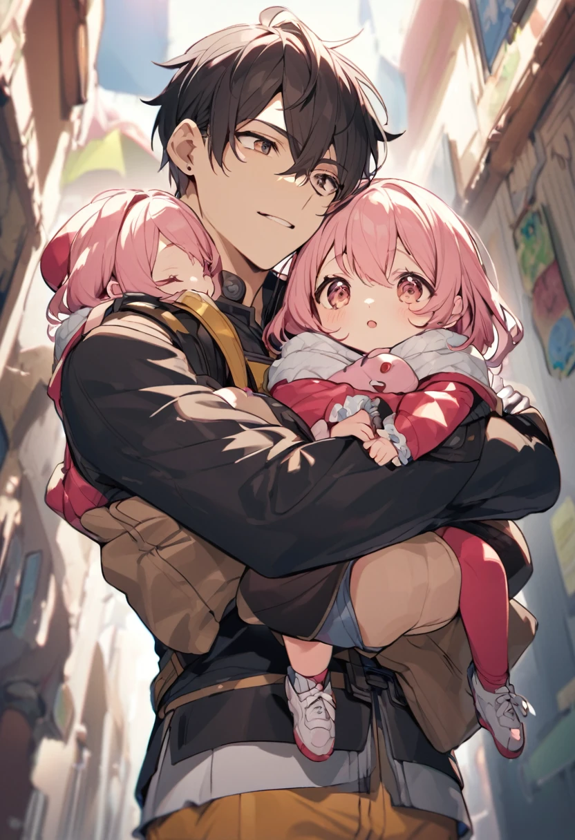 Big brother holding his little sister in his arms and carrying her
