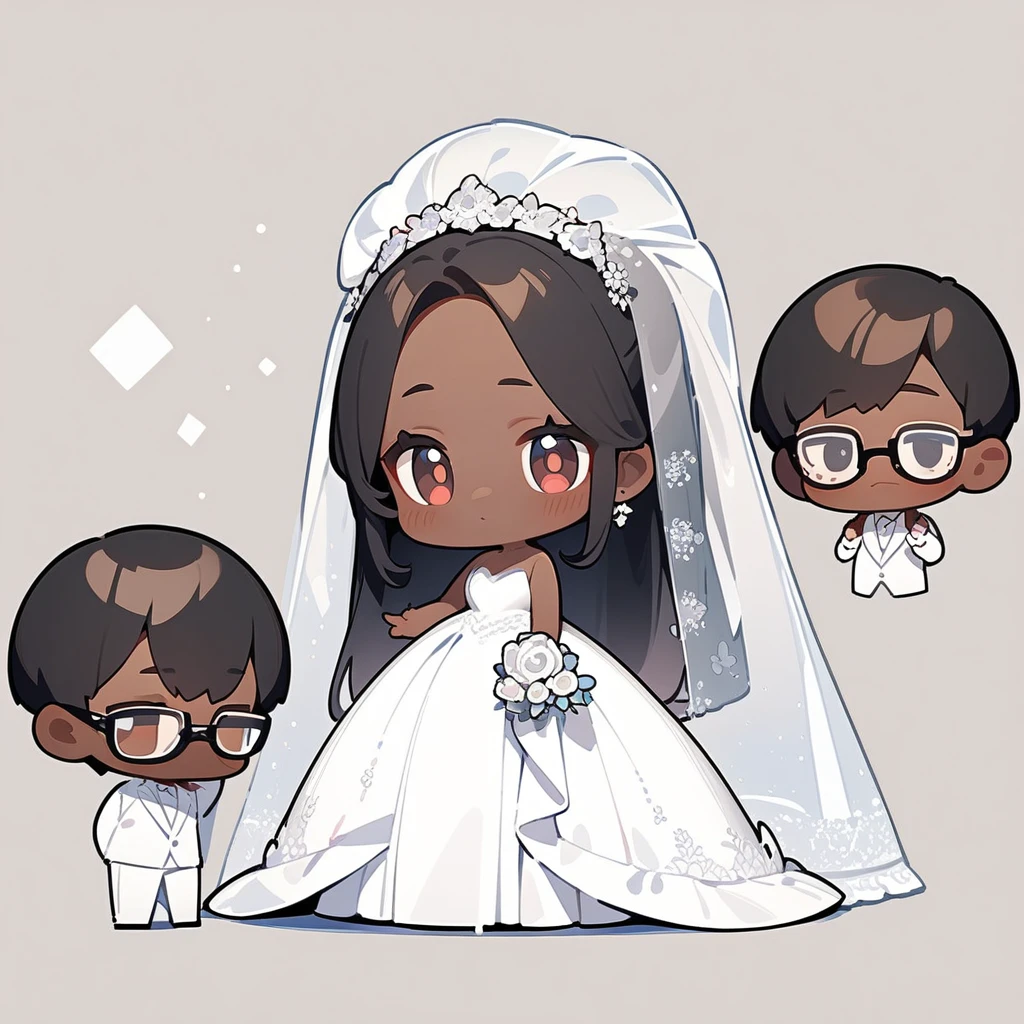 chibi style，Lovely，masterpiece, best quality, 8k, Couple（One man and one woman），man（Brown skin，Indian）Suit，woman（Black Hair，wear glasses）Wedding dress，Clean background