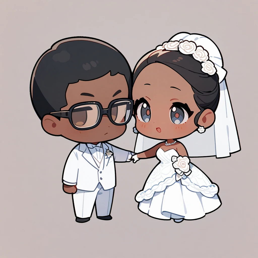 chibi style,Lovely,masterpiece, best quality, 8k, Couple(One man and one woman),man(Brown skin,Indian)Suit,woman(Black Hair,wear glasses)Wedding dress,Clean background