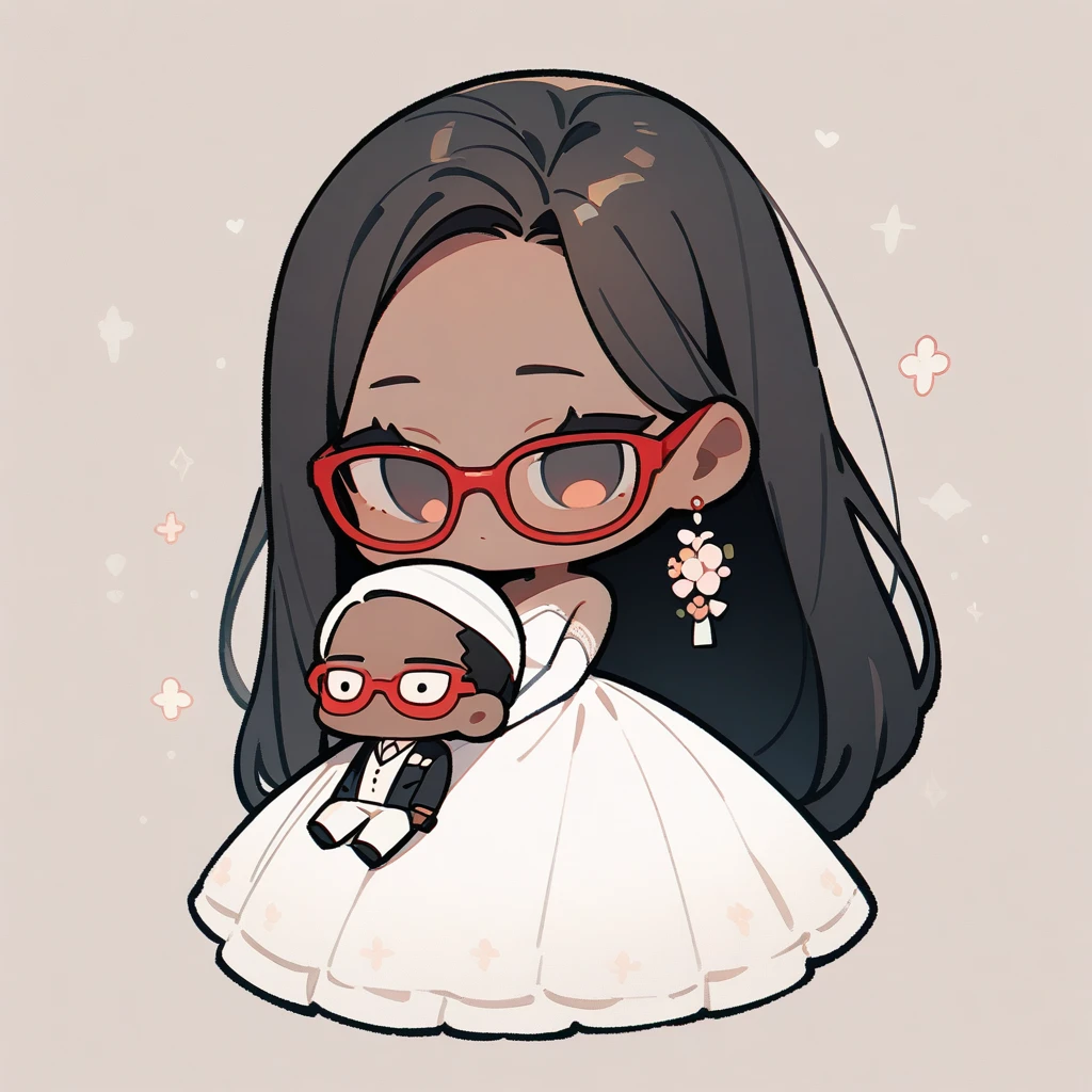 chibi style,Lovely,masterpiece, best quality, 8k, Couple(One man and one woman),man(Brown skin,Indian)Suit,woman(Black Hair,wear glasses)Wedding dress,Clean background