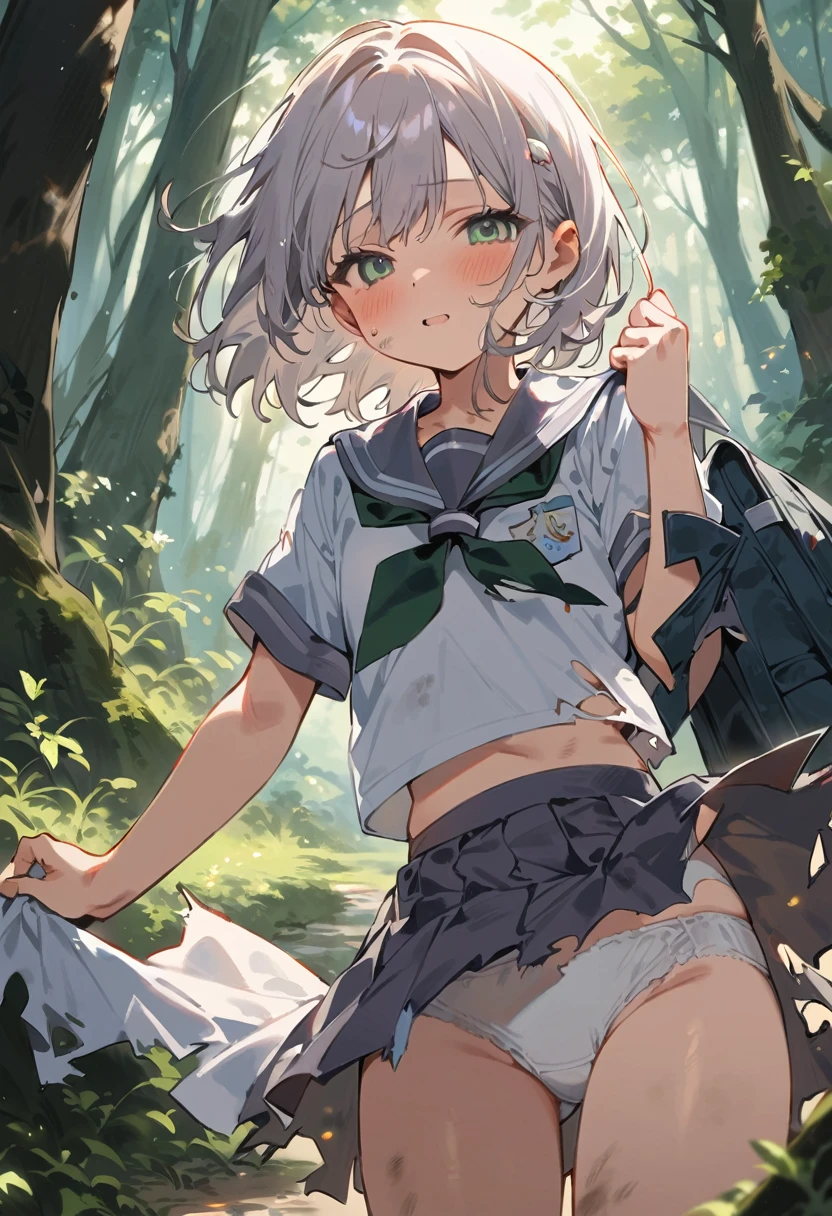 beautiful detailed girl,(masterpiece,best quality,extremely detailed:1.2),((cowboy shot:1.1)),(solo,,kawaii,slender,small breasts:1.25),(pained look:0.8),((white underwear:1.15) in (Torn school uniform):2),(dirty:2),blush,shy,weep,standing,(deep forest:1.5),(hug:0.4),rating: general, newest,Sexy face