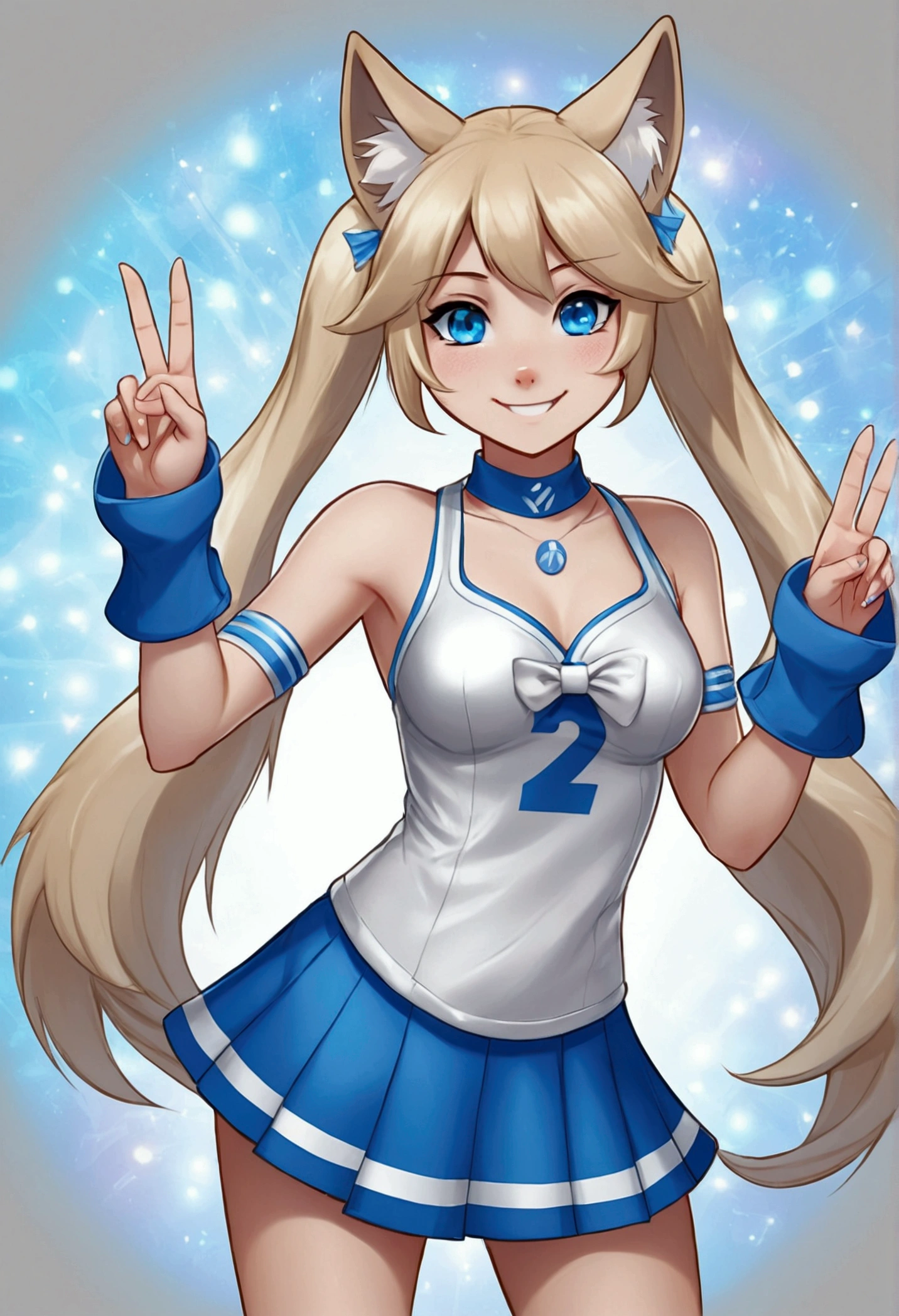 Solo, score_9,score_8_up, score_7_up, an Anthro furry wolf girl, kemono style, silver furry body, tall, hourglass figure, silver wolf tail, golden blonde hair, hair in a ponytail, beautiful opalescent blue eyes, black nose, wearing blue and white cheerleader outfit, holding up two peace signs with her hands, standing, big smile, sparkling blue eyes, silver abstract background, soft shading, soft line art,