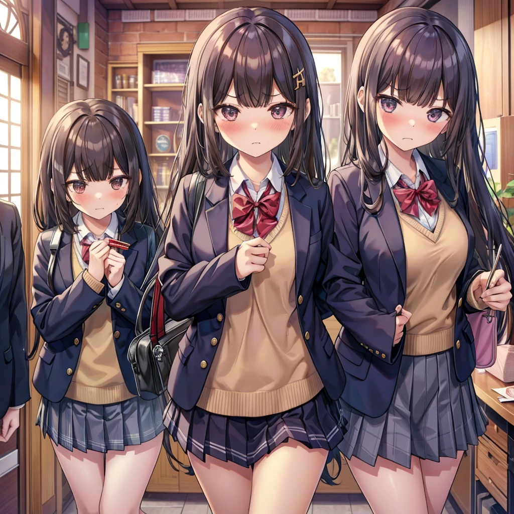 Colleges and universities　Girls-only school　Baby Face　Multiple female students　Colleges and universities教室の背景　Center of the room　Multiple female studentsが口喧嘩　beautiful girl　Classmate　Multiple women　　　belligerent　Angry with frown　　Very cute blazer　Eating with chopsticks　Blushing cheeks　Very embarrassed look　Angry attitude