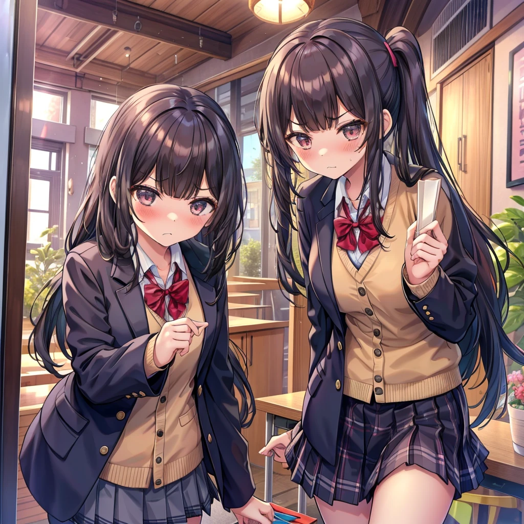 Colleges and universities　Girls-only school　Baby Face　Multiple female students　Colleges and universities教室の背景　Center of the room　Multiple female studentsが口喧嘩　beautiful girl　Classmate　Multiple women　　　belligerent　Angry with frown　　Very cute blazer　Eating with chopsticks　Blushing cheeks　Very embarrassed look　Angry attitude