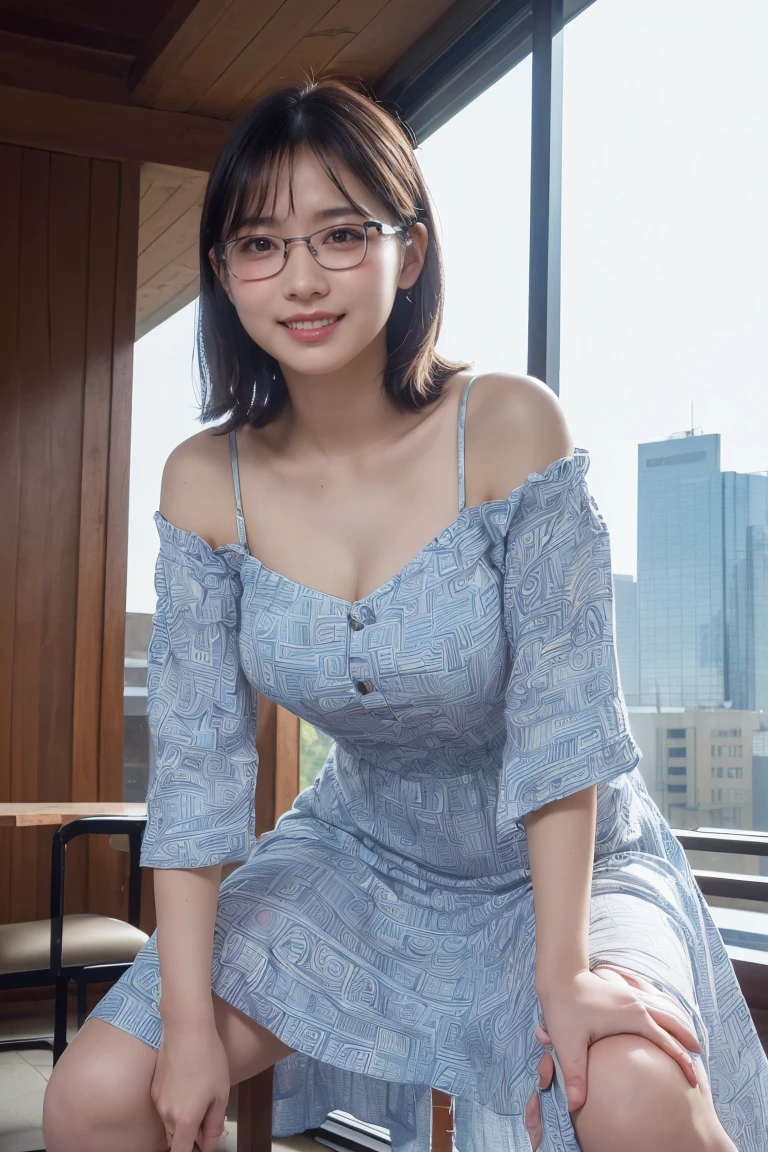 ((High-resolution images, Realistic eye size, Realistic Skin, Droopy eyes, smile, (Mr.々A feminine casual long dress with a simple pattern), (Squat down and spread your legs, Self-pleasure, ), Strong sunlight, Old Fashion, Leaning forward, skyscraper, bag, Glasses,