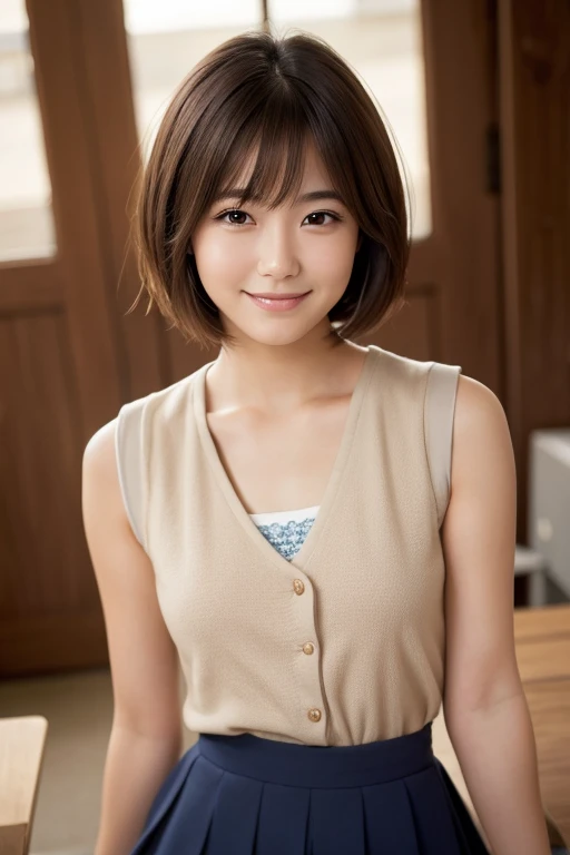 best quality, smile face,face focus, soft light, ultra high res, (photorealistic:1.4), RAW photo, 1japanese girl, solo, cute, (shy smile:0.5), (brown eyes, lights in the eyes), detailed beautiful face, (small chest),(high resolution detail of human skin texture), (short bob hair), BREAK, in classroom,navy , vest, skirt