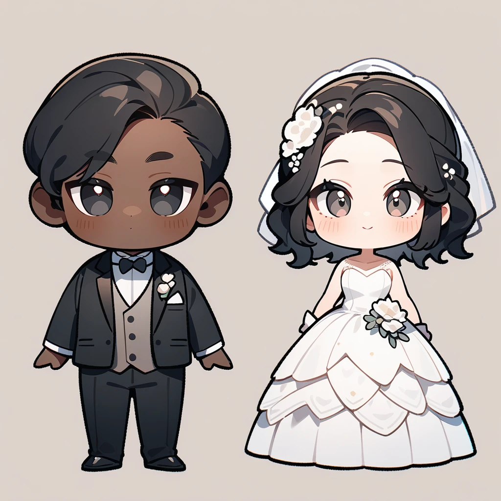 chibi style,Lovely,masterpiece, best quality, 8k, Couple(One man and one woman),man(Brown skin,Indian)Suit,woman(Black Hair)Wedding dress,Clean background