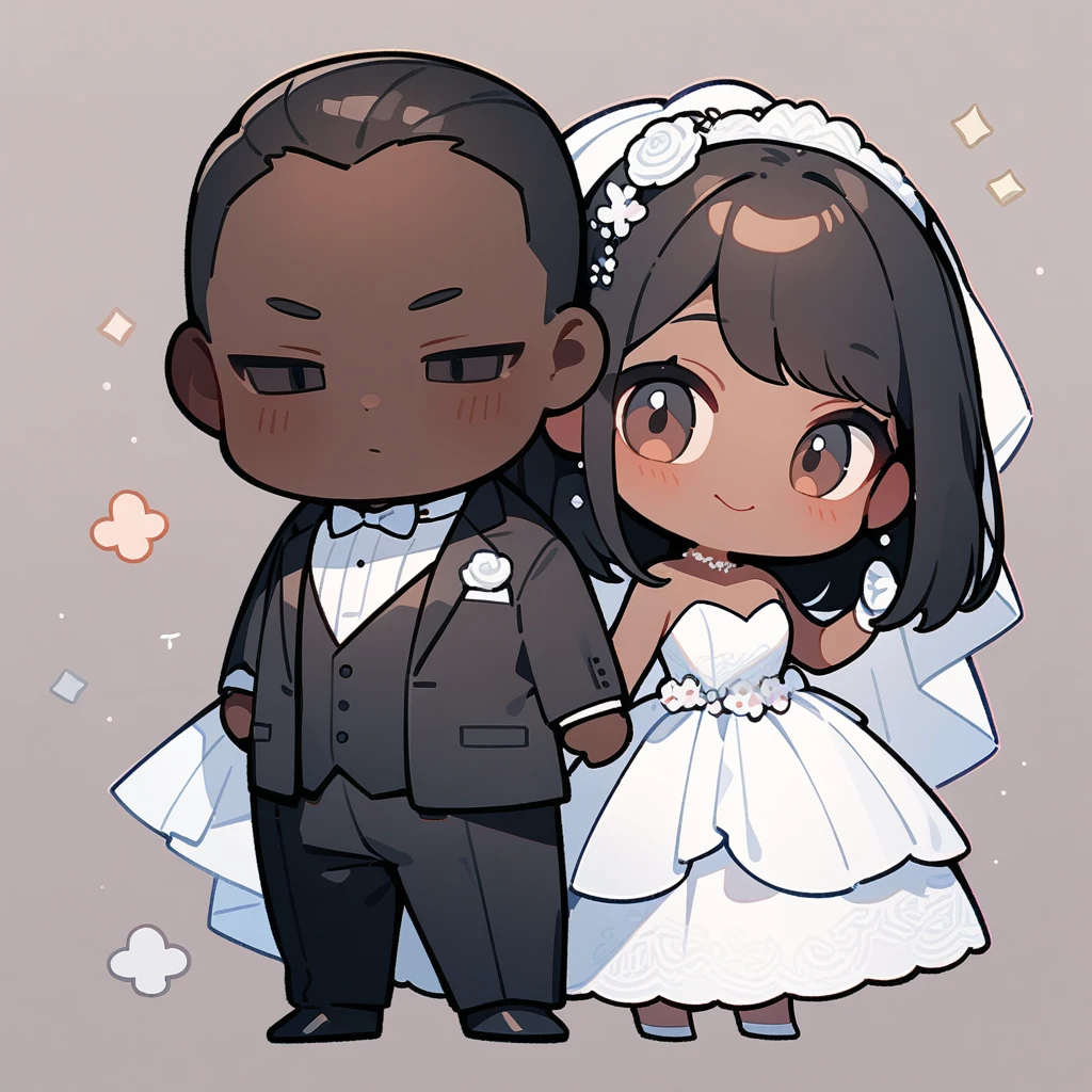 chibi style,Lovely,masterpiece, best quality, 8k, Couple(One man and one woman),man(Brown skin,Indian)Suit,woman(Black Hair)Wedding dress,Clean background