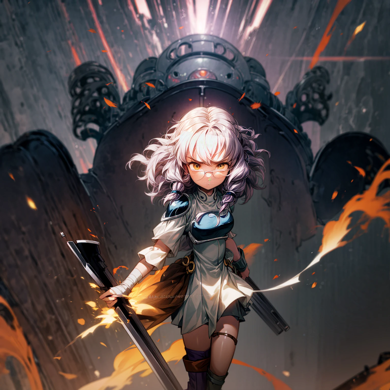 1tall girl, 1character, gold eyes, long Curly haircut, lavender color hair, army style clothing, white glasses, Long socks, boots army,  full iron armor, bandage on hand, Grassroots, background in top of the building, motion blur, (dragon ball style art), Big robot gun in hand, smoke effect, aura effect, Fire, lighting fire, plasma effect, fire city, (half body view version, angry eyes)