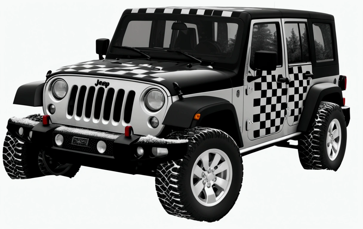 A black and white checkered jeep, carrying a Christmas tree, snow-covered winter landscape, evergreen forest, low angle view, cinematic lighting, moody atmosphere, dramatic shadows, high contrast, monochrome palette, realistic 3D rendering, (best quality,4k,8k,highres,masterpiece:1.2),ultra-detailed,(realistic,photorealistic,photo-realistic:1.37)