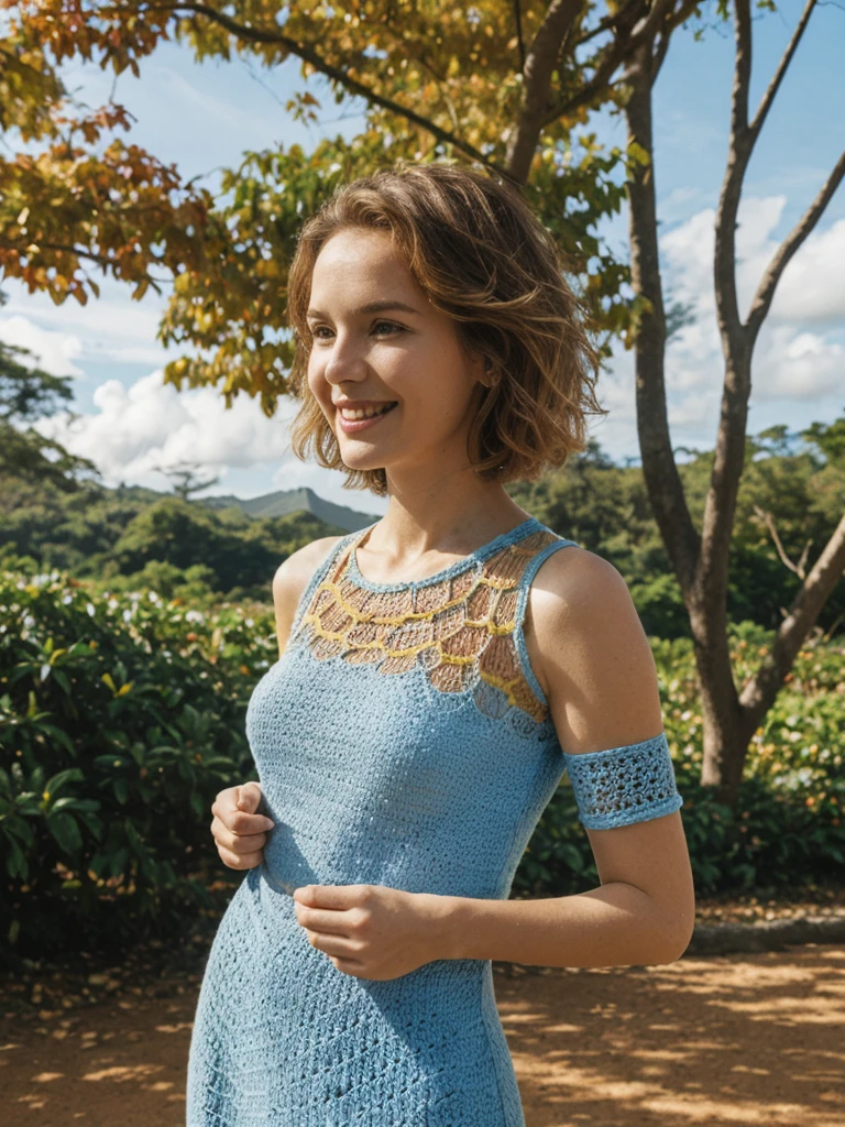 Camille Durand, 1girl, solo, realistic, photorealistic, high quality picture, 8k, high resolution, detailed quality, film grain, natural photo, ultrarealistic, (((25-years-old))), ((detailed wrinkles in her face)), (((Seychelles woman))), (Background: parks with vibrant fall foliage for a colorful and warm setting), (blonde Short hair)), Light smile, blue crocheted dress, upper body and upper legs