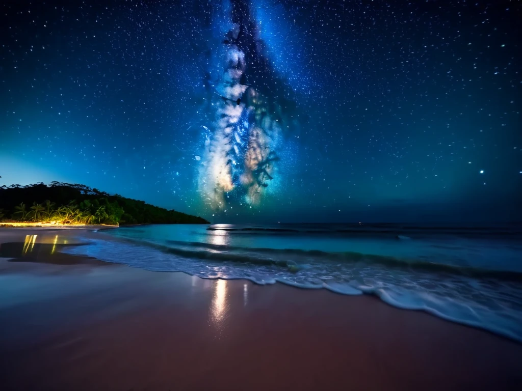 (masterpiece:1.2,Highest quality),Tropical Beach,night,Shooting with a wide-angle prime lens,Starry Sky,milky way,8k resolution　beautiful sea