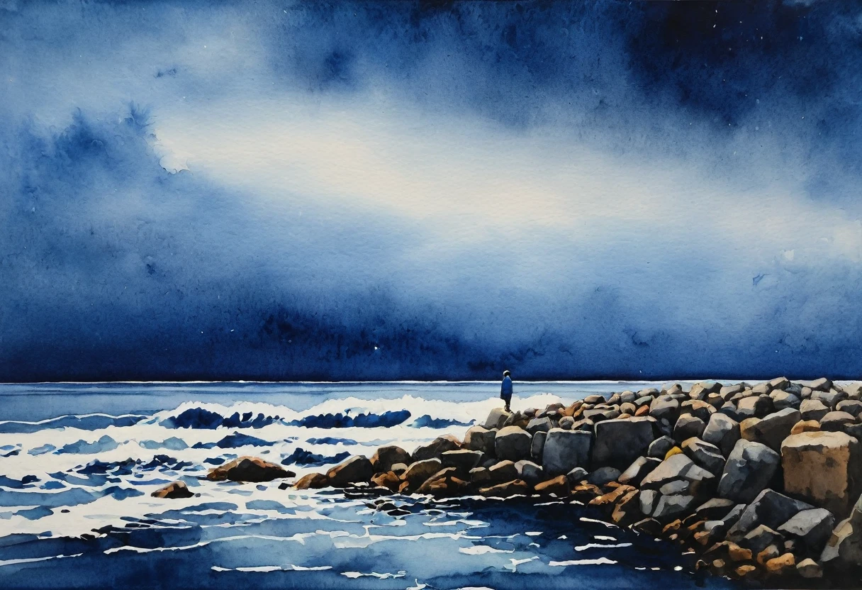 Acrylic watercolor painting, dark blue sky, a Japanese standing on the breakwater