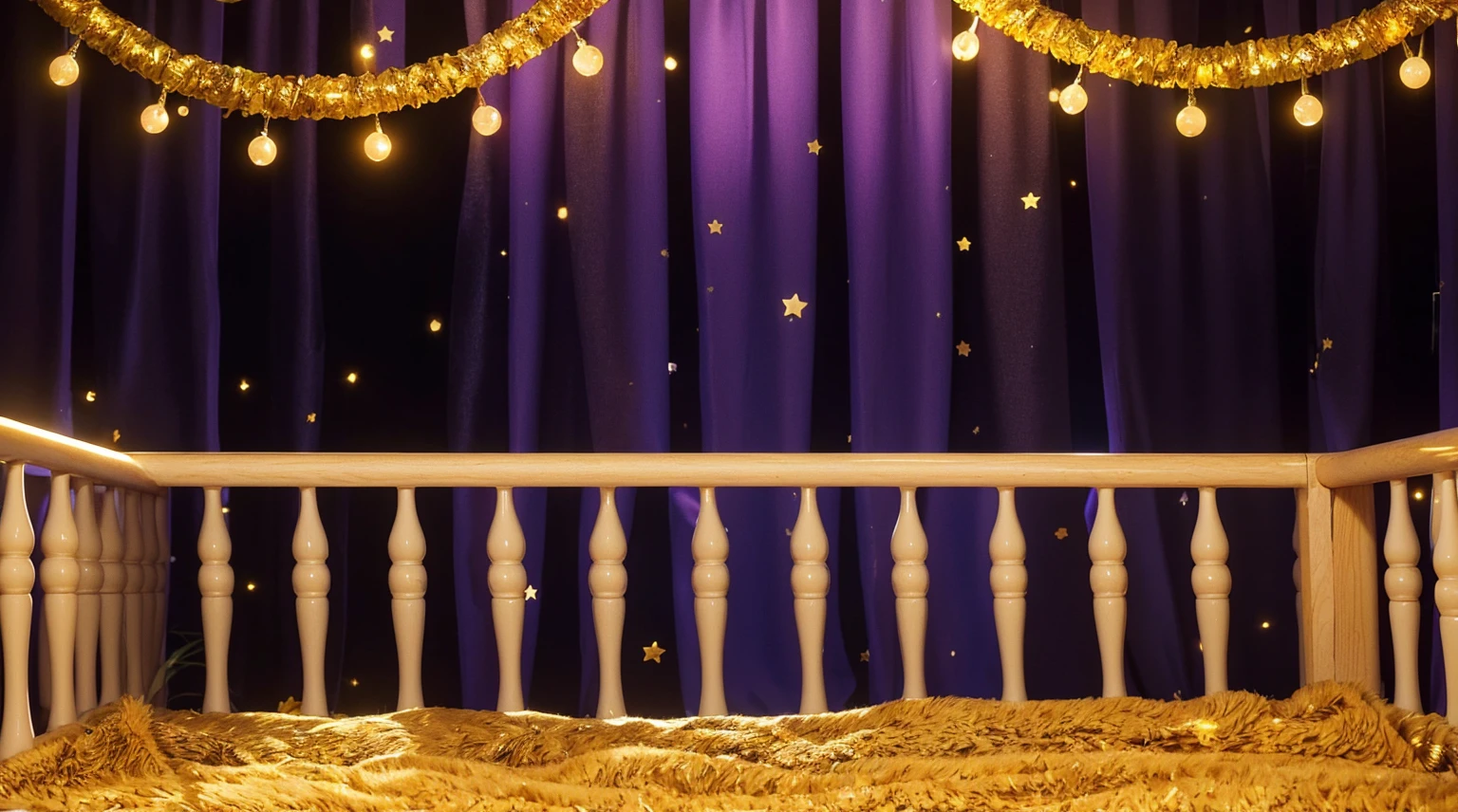 This image features a charming and whimsical children's crib set against a festive background. The crib is surrounded by rich purple curtains, creating a cozy and enchanting atmosphere. Above the crib, decorative garlands with glowing yellow lights add a magical touch, casting soft light and creating twinkling reflections that dance across the curtains. The golden, fuzzy blanket inside the crib suggests warmth and comfort, enhancing the overall dreamy and starlit ambiance of the setting. This setup appears ideal for a child's nursery, where the decorative elements contribute to a joyful and peaceful sleeping environment. аffects render, (glossy plastic texture with multiple big light probe refractions), perfect cgi, smooth silhouette, high intensity refraction, (super glossy plastic material), most beautiful vfx, , realistic, 4k, high resolution, rim light, smooth 3d model, multiple light sources, rim light, sharp post effects render,, realistic, 4k, high resolution, rim light detailed digital art, reflective, best quality, 4k, masterpiece:1.2, ultra-detailed, realistic, vivid colors, The image of the highest quality, ensuring every detail showcased perfectly. It in 4k resolution, allowing viewers to immerse themselves in the richness of the colors and intricate details. The realistic rendering. under the spotlight, reflecting, high-resolution image, realistic rendering