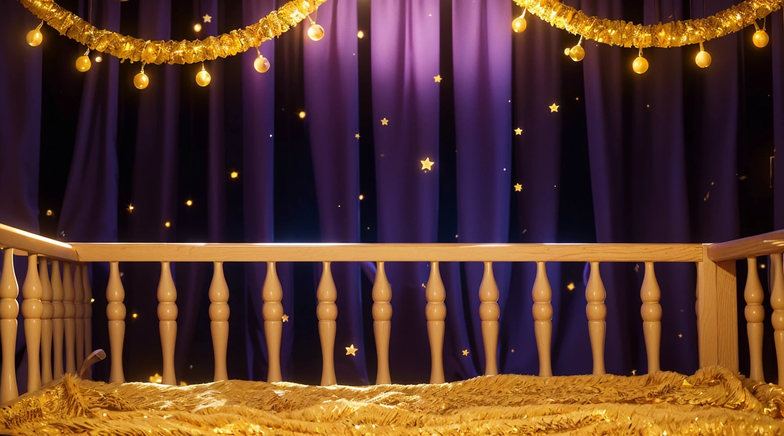 This image features a charming and whimsical children's crib set against a festive background. The crib is surrounded by rich purple curtains, creating a cozy and enchanting atmosphere. Above the crib, decorative garlands with glowing yellow lights add a magical touch, casting soft light and creating twinkling reflections that dance across the curtains. The golden, fuzzy blanket inside the crib suggests warmth and comfort, enhancing the overall dreamy and starlit ambiance of the setting. This setup appears ideal for a child's nursery, where the decorative elements contribute to a joyful and peaceful sleeping environment. аffects render, (glossy plastic texture with multiple big light probe refractions), perfect cgi, smooth silhouette, high intensity refraction, (super glossy plastic material), most beautiful vfx, , realistic, 4k, high resolution, rim light, smooth 3d model, multiple light sources, rim light, sharp post effects render,, realistic, 4k, high resolution, rim light detailed digital art, reflective, best quality, 4k, masterpiece:1.2, ultra-detailed, realistic, vivid colors, The image of the highest quality, ensuring every detail showcased perfectly. It in 4k resolution, allowing viewers to immerse themselves in the richness of the colors and intricate details. The realistic rendering. under the spotlight, reflecting, high-resolution image, realistic rendering