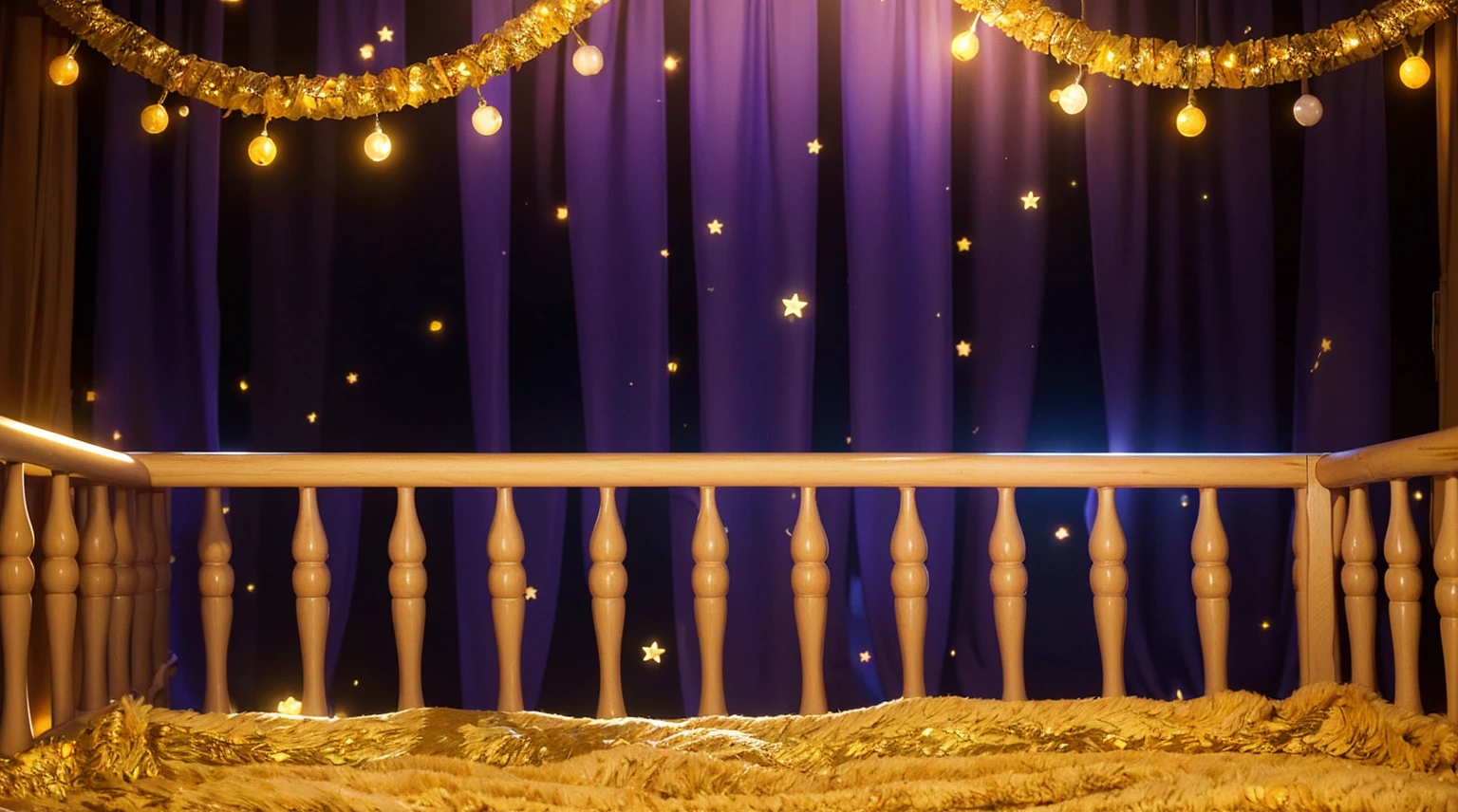 This image features a charming and whimsical children's crib set against a festive background. The crib is surrounded by rich purple curtains, creating a cozy and enchanting atmosphere. Above the crib, decorative garlands with glowing yellow lights add a magical touch, casting soft light and creating twinkling reflections that dance across the curtains. The golden, fuzzy blanket inside the crib suggests warmth and comfort, enhancing the overall dreamy and starlit ambiance of the setting. This setup appears ideal for a child's nursery, where the decorative elements contribute to a joyful and peaceful sleeping environment. аffects render, (glossy plastic texture with multiple big light probe refractions), perfect cgi, smooth silhouette, high intensity refraction, (super glossy plastic material), most beautiful vfx, , realistic, 4k, high resolution, rim light, smooth 3d model, multiple light sources, rim light, sharp post effects render,, realistic, 4k, high resolution, rim light detailed digital art, reflective, best quality, 4k, masterpiece:1.2, ultra-detailed, realistic, vivid colors, The image of the highest quality, ensuring every detail showcased perfectly. It in 4k resolution, allowing viewers to immerse themselves in the richness of the colors and intricate details. The realistic rendering. under the spotlight, reflecting, high-resolution image, realistic rendering