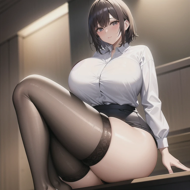 (masterpiece, best quality:1.2), (8k, best quality, masterpiece, Golden Ratio Composition,:1.3), woman, (Beautiful Japanese woman in her 40s), (80 kg woman), (Thick thighs), (Smooth long legs), (Wearing a white shirt,:1.2), (Huge breasts), (Long legs in black tights), Soft face line,Gentle,Silver short hair,