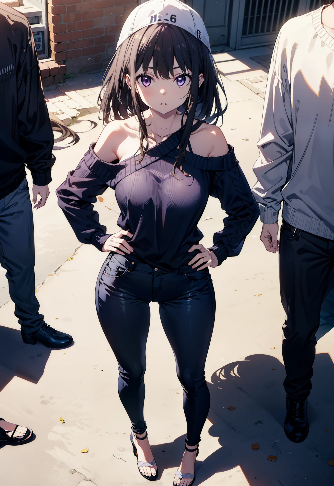 Takiuchikami, Long Hair, bangs, Black Hair, (Purple eyes:1.2),Baseball hats,Blue one-shoulder sweater,Skinny jeans,Stiletto heels,Place one hand on hip,Are standing,whole bodyがイラストに入るように,Daytime,
break outdoors, In town,
break looking at viewer, whole body,
break (masterpiece:1.2), Highest quality, High resolution, unity 8k wallpaper, (figure:0.8), (Beautiful attention to detail:1.6), Highly detailed face, Perfect lighting, Highly detailed CG, (Perfect hands, Perfect Anatomy),