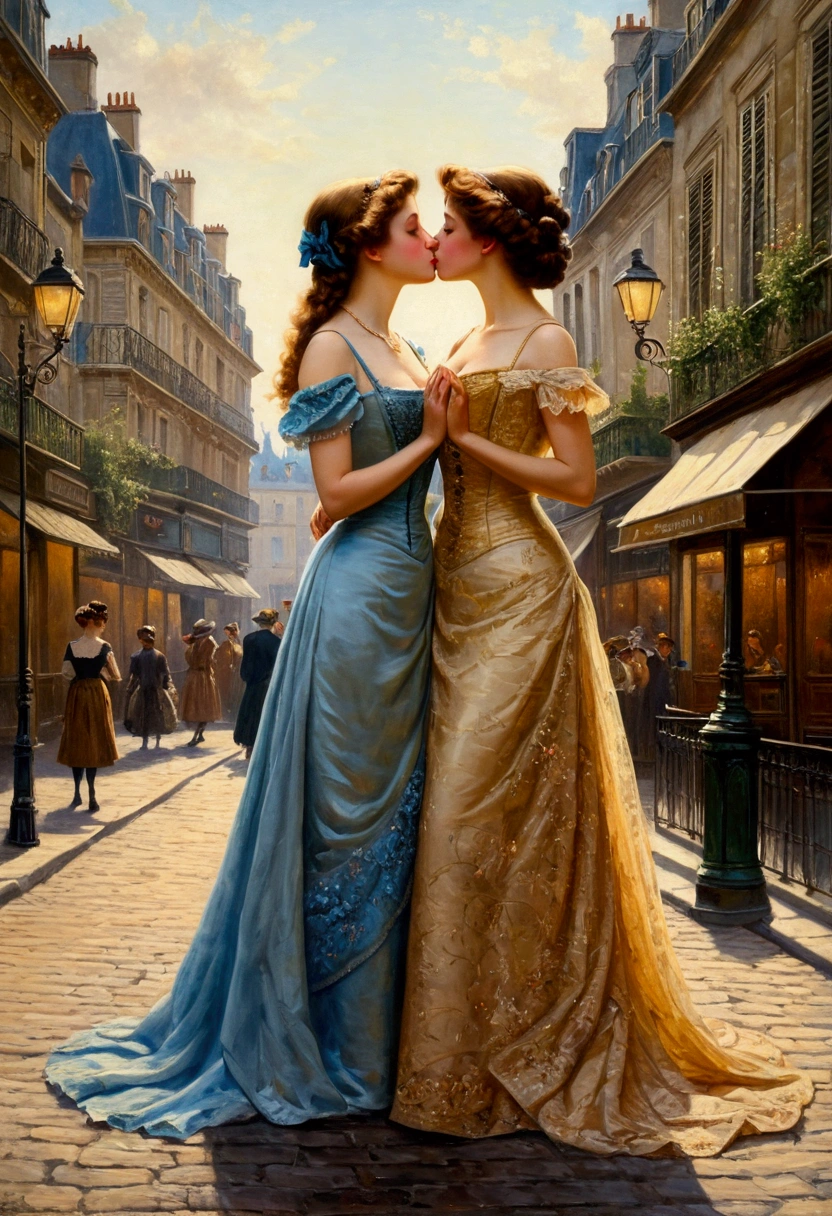 an oil painting, top quality, masterpiece, 2Girls, Dresses from the Belle Époque era, edle Dame, French cityscape, The kiss