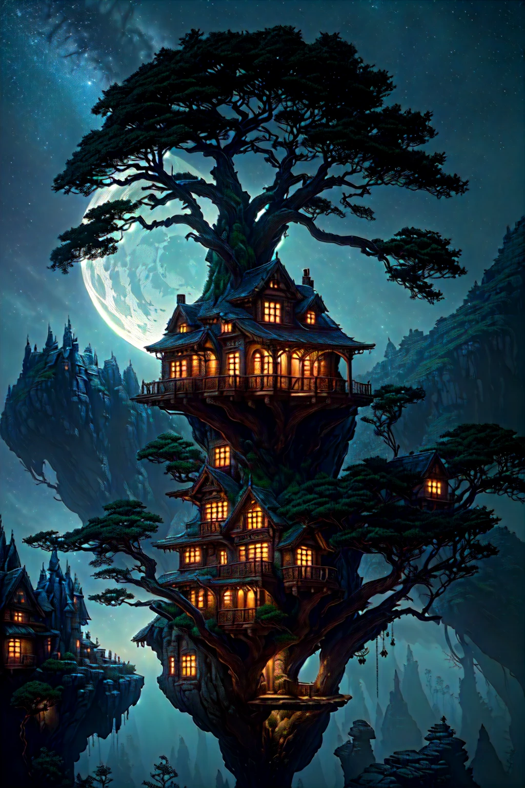 nighttime scene of a house on a rock with a tree in the foreground, 4k highly detailed digital art, fantasy house, calm night. digital illustration, realistic fantasy illustration, 4k detailed digital art, realistic fantasy render, stylized digital illustration, cyberpunk tree house, magical realism style, highly detailed digital artwork, digital painting highly detailed, whimsical fantasy landscape art