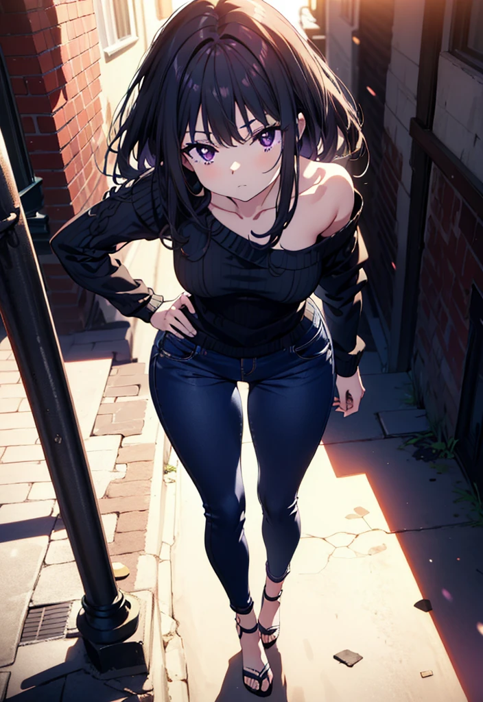 Takiuchikami, Long Hair, bangs, Black Hair, (Purple eyes:1.2),Baseball hats,Blue one-shoulder sweater,Skinny jeans,Stiletto heels,Place one hand on hip,Are standing,whole bodyがイラストに入るように,Daytime,
break outdoors, In town,
break looking at viewer, whole body,
break (masterpiece:1.2), Highest quality, High resolution, unity 8k wallpaper, (figure:0.8), (Beautiful attention to detail:1.6), Highly detailed face, Perfect lighting, Highly detailed CG, (Perfect hands, Perfect Anatomy),