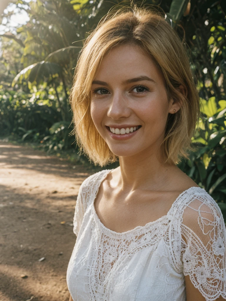 Camille Durand, 1girl, solo, realistic, photorealistic, high quality picture, 8k, high resolution, detailed quality, film grain, natural photo, ultrarealistic, (((25-years-old))), ((detailed wrinkles in her face)), (((Seychelles woman))), (Background: parks with warm setting), (blonde Short hair)), Light smile, blue crocheted dress, upper body and upper legs