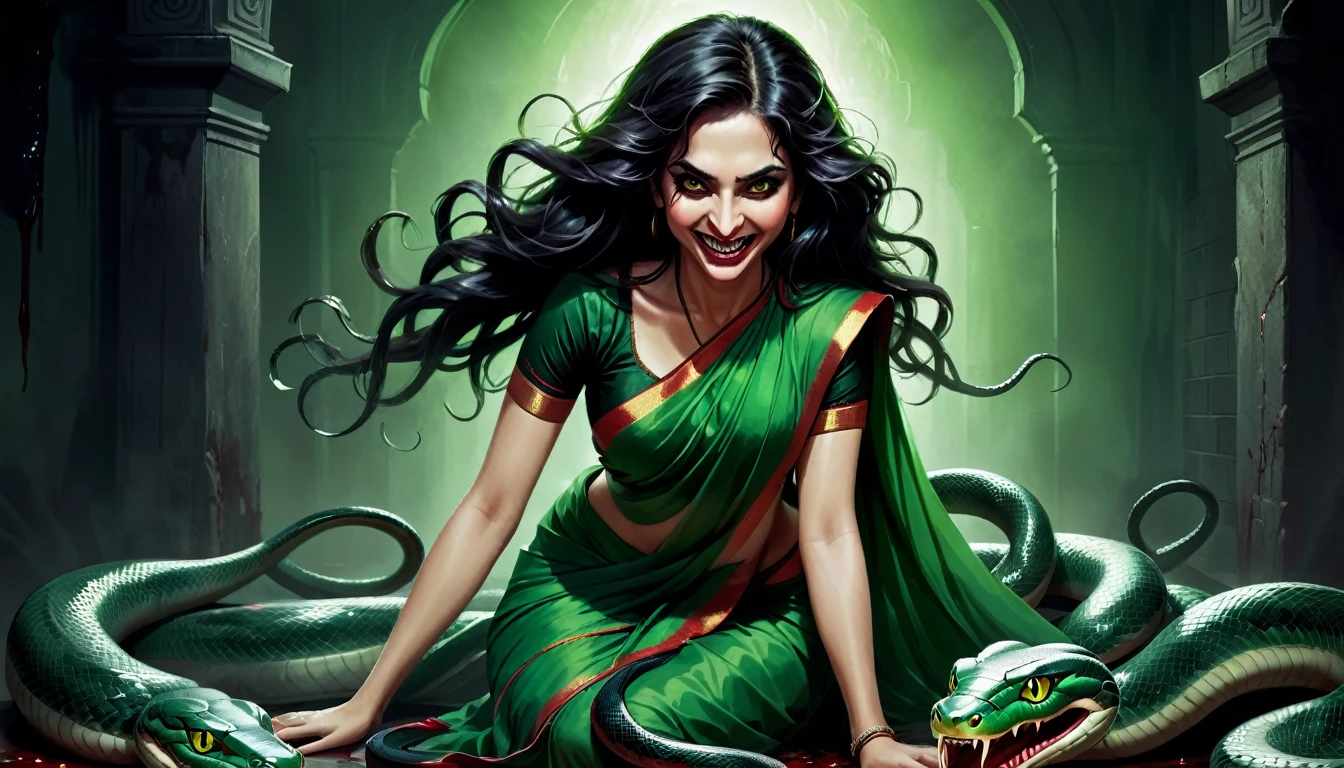 Digital illustration with a dark, eerie style. (full body) The layout features a central figure, a woman with long, disheveled black hair, snake in hair like medusa, crawling towards the viewer. Her skin is brunette, dark, and her eyes are glowing white, scary looks, cruel smile on face, blood on teeth, giving her a menacing appearance. She has a wide, sinister grin with sharp teeth. The woman is dressed in green sari, dark atmosphere, scary bloody ambience