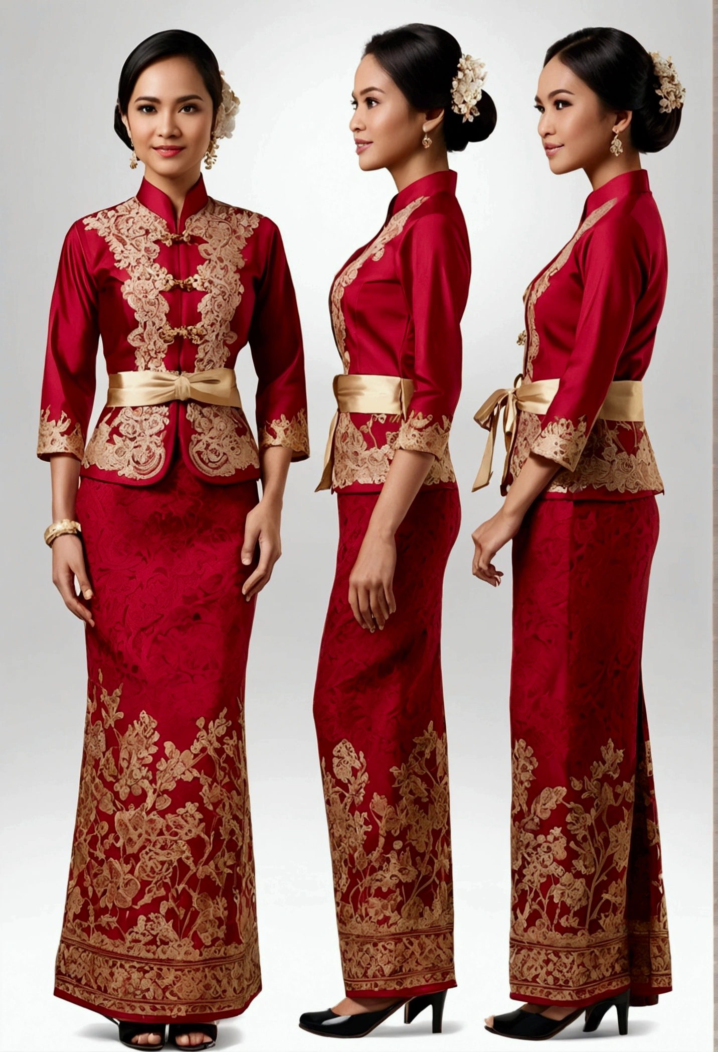 Create a practical yet refined outfit for commoners in a society inspired by puteri gunung ledang with Malaysia Kebaya clothing influences. The clothing should be made from durable, comfortable materials and feature simple yet elegant designs. Utilize shades of red and incorporate batik motifs in the patterns and embroidery. The outfit should blend the functionality of Malay workwear with the flowing lines of Malaysia Kebaya attire. Accessories should be minimal but functional, such as sashes, simple jewelry, headbands, and traditional Malay shoe. The overall look should reflect the commoners' respect for strength and honor, while being suitable for daily activities. reference sheet, character chart, (((three-sided view, front front view, side view, back view, multiple views, multiple poses and expressions, many parts))), give space space to each view, 8K resolution, high details, high quality, highres, anatomically correct