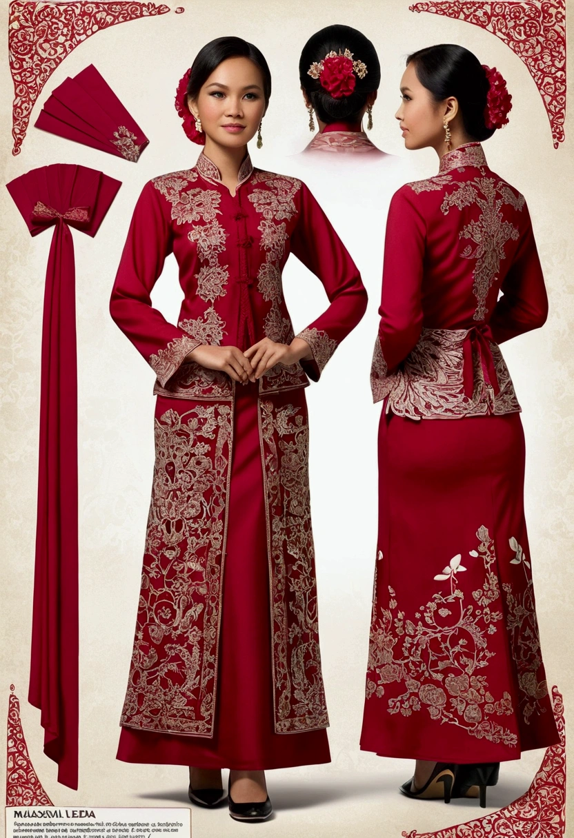 Create a practical yet refined outfit for commoners in a society inspired by puteri gunung ledang with Malaysia Kebaya clothing influences. The clothing should be made from durable, comfortable materials and feature simple yet elegant designs. Utilize shades of red and incorporate batik motifs in the patterns and embroidery. The outfit should blend the functionality of Malay workwear with the flowing lines of Malaysia Kebaya attire. Accessories should be minimal but functional, such as sashes, simple jewelry, headbands, and traditional Malay shoe. The overall look should reflect the commoners' respect for strength and honor, while being suitable for daily activities. reference sheet, character chart, (((three-sided view, front front view, side view, back view, multiple views, multiple poses and expressions, many parts))), give space space to each view, 8K resolution, high details, high quality, highres, anatomically correct
