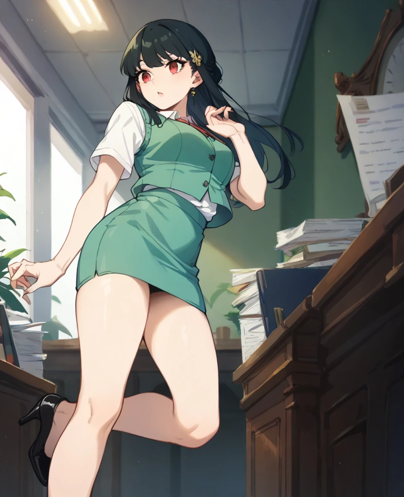 very beautiful, graceful, and fairly tall young woman with a slender, curvaceous frame. She has long, straight, black hair reaching her mid-back with short bangs framing her forehead and upturned red eyes. she wears the standard work uniform, consisting of a long-sleeved white shirt with a sleeveless green vest over it, a knee-length green office skirt, and black heels.