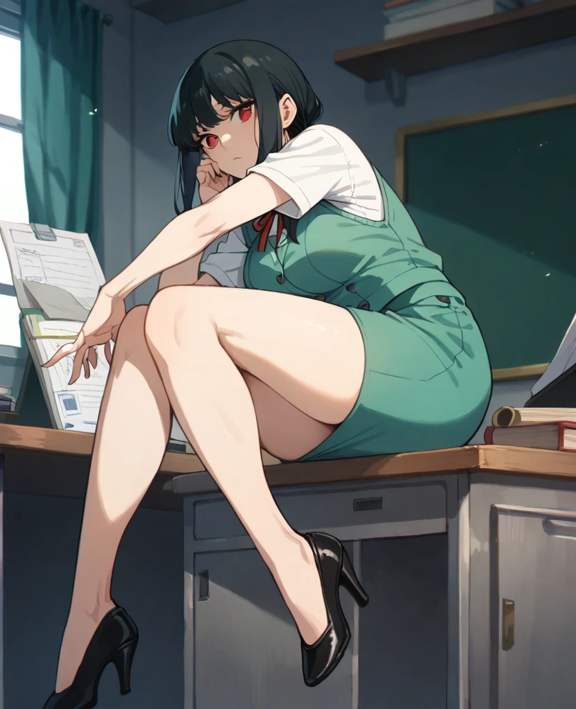 very beautiful, graceful, and fairly tall young woman with a slender, curvaceous frame. She has long, straight, black hair reaching her mid-back with short bangs framing her forehead and upturned red eyes. she wears the standard work uniform, consisting of a long-sleeved white shirt with a sleeveless green vest over it, a knee-length green office skirt, and black heels.