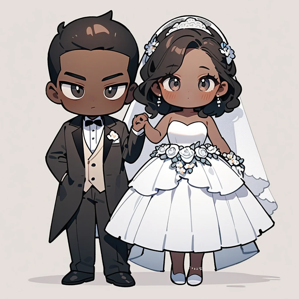chibi style,Lovely,masterpiece, best quality, 8k, Couple(One man and one woman),man(Brown skin,Indian)Suit,woman(Black Hair,Fair)Wedding dress,Clean background