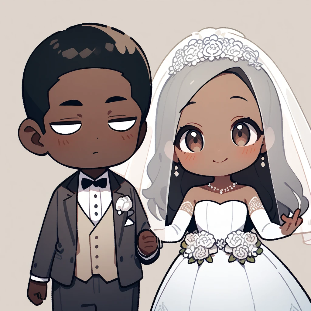 chibi style，Lovely，masterpiece, best quality, 8k, Couple（One man and one woman），man（Brown skin，Indian）Suit，woman（Black Hair，Fair）Wedding dress，Clean background