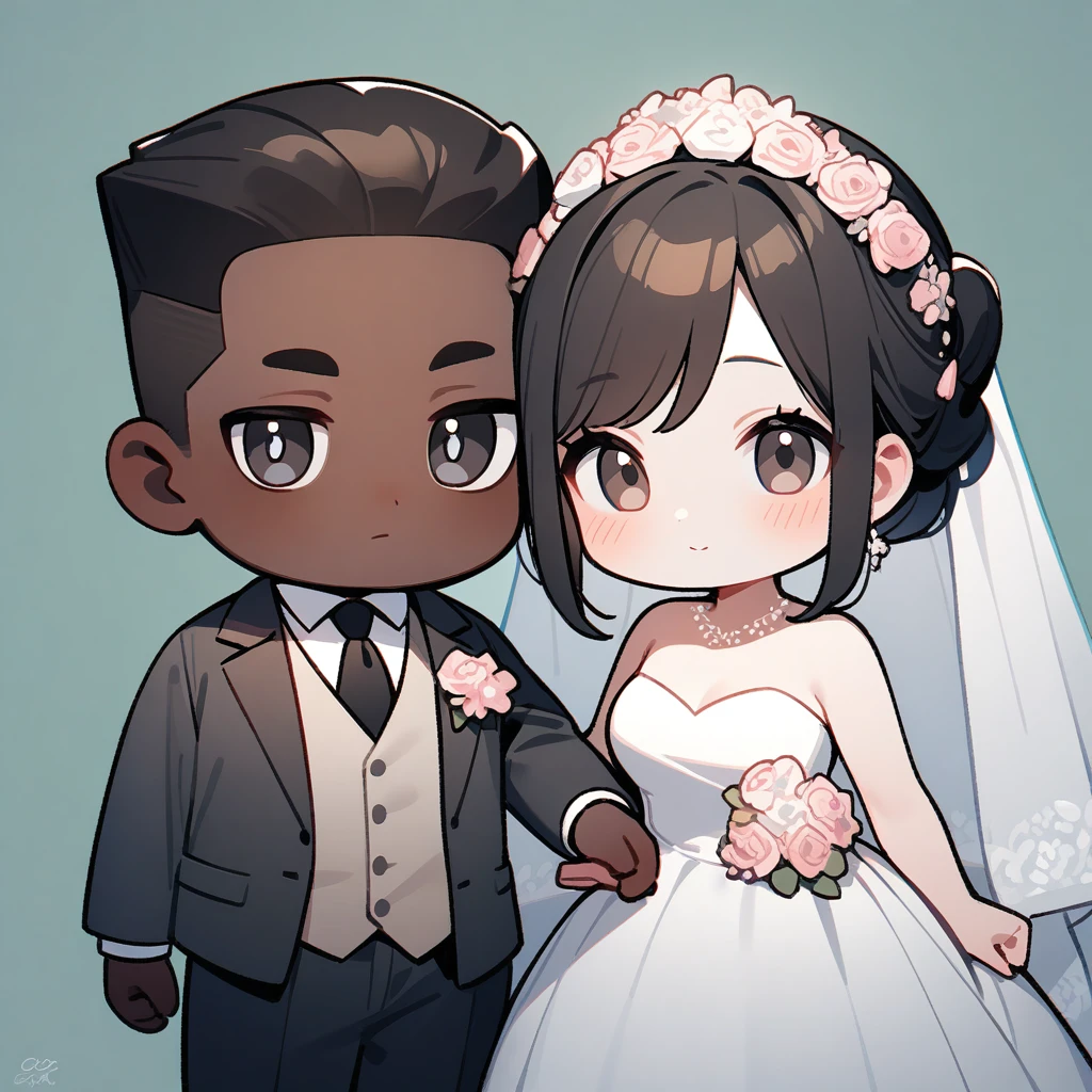 chibi style，Lovely，masterpiece, best quality, 8k, Couple（One man and one woman），man（Brown skin，Indian）Suit，woman（Black Hair，Fair）Wedding dress，Clean background