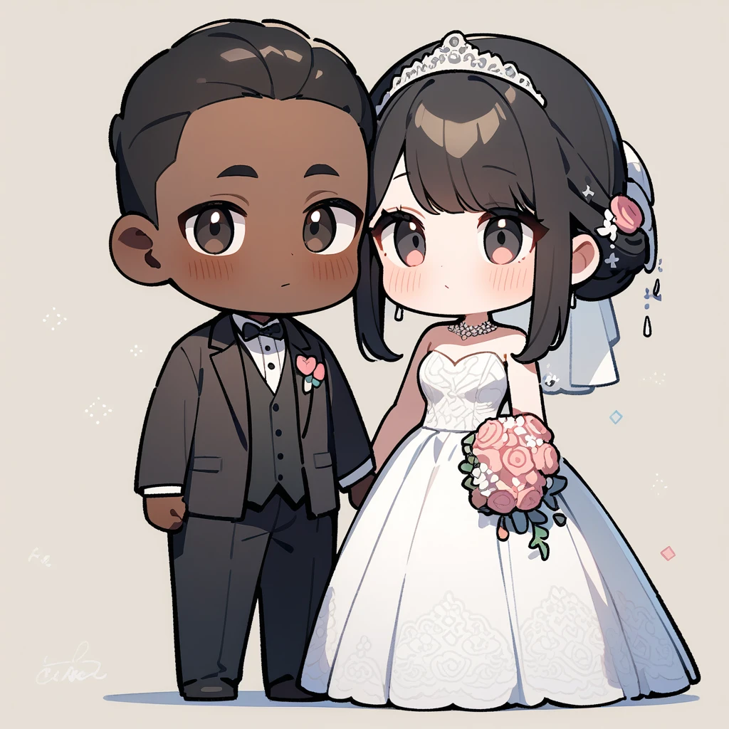 chibi style，Lovely，masterpiece, best quality, 8k, Couple（One man and one woman），man（Brown skin，Indian）Suit，woman（Black Hair，Fair）Wedding dress，Clean background