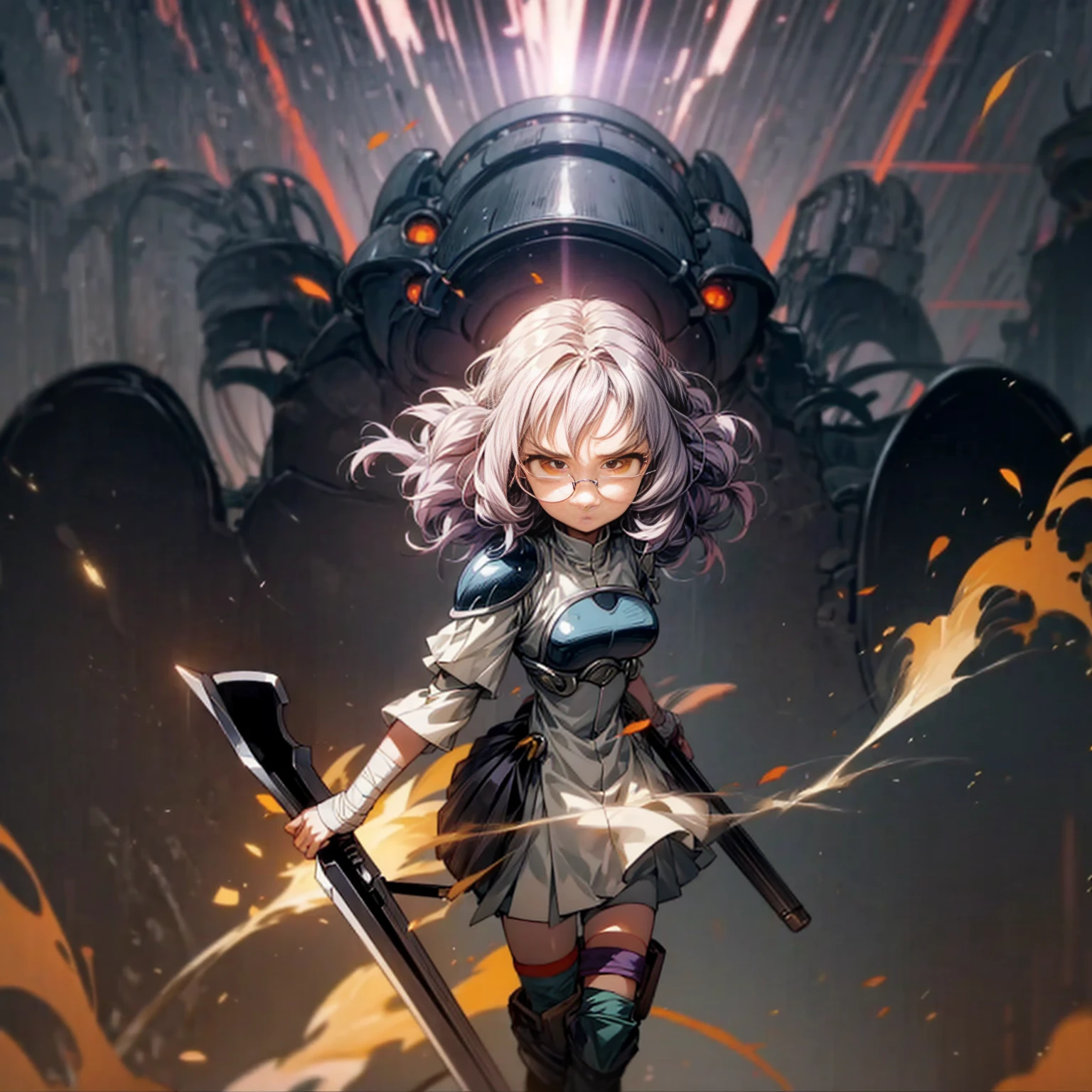 1tall girl, 1character, gold eyes, long Curly haircut, lavender color hair, army style clothing, white glasses, Long socks, boots army,  full iron armor, bandage on hand, Grassroots, background in top of the building, motion blur, (dragon ball style art), Big robot gun in hand, smoke effect, aura effect, Fire, lighting fire, plasma effect, fire city, (half body view version, angry eyes)