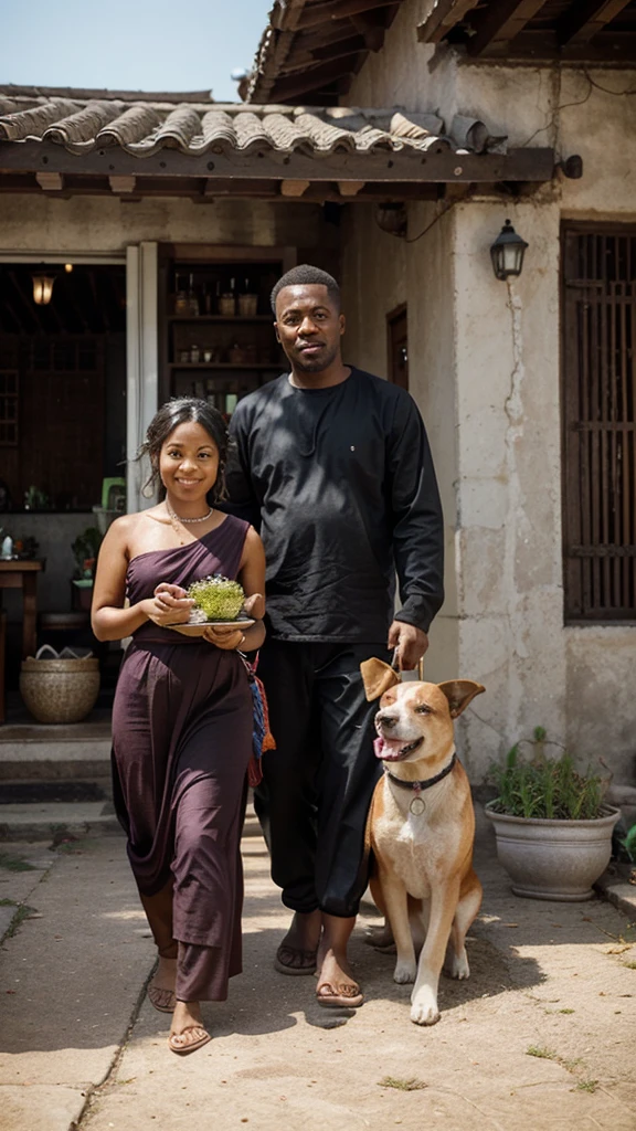It's really kind of like a figure and a person. In the front, Buddha is a dog. A black man is holding two bowls of rice. People are holding food. People are happy. Create a beautiful morning and village picture.