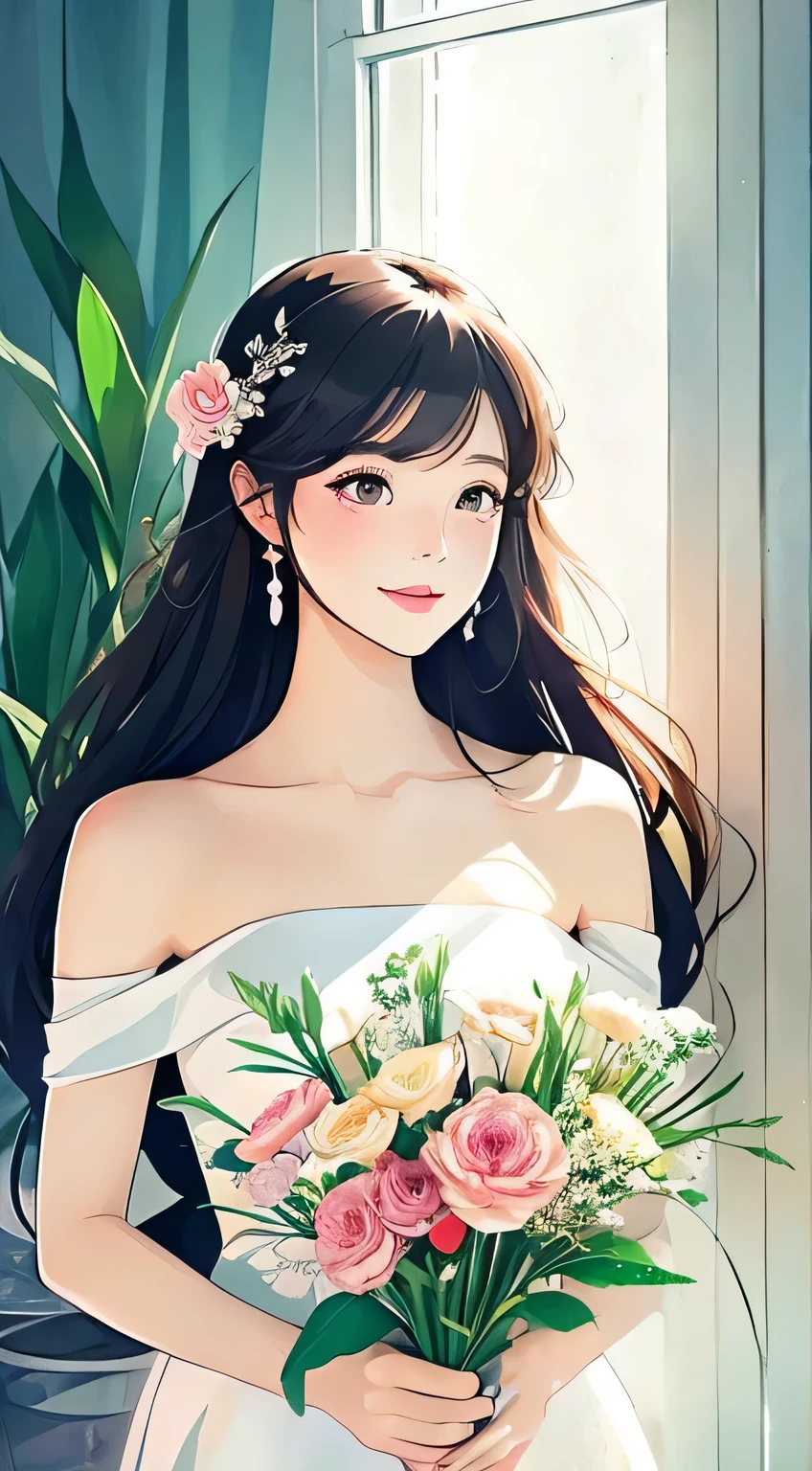 top quality picture、beautiful  Girl、Beautiful illustrations、Bouquet in hand、the background is full of light、animesque、quadratic element」、