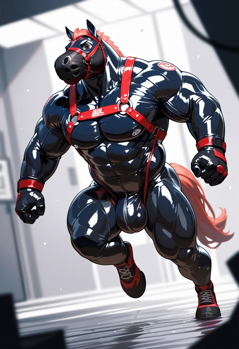 Highest quality, Highest quality, High quality illustrations, masterpiece, Ultra-high resolution, Detailed Background, grassland, Absurd, Perfect Anatomy, performance, Good lighting, Shadows in the movies(kemono, Furry Personifi猫ion), horse, Muscle Body, Rubber Suit, Bodysuits, Red harness, Rubber mask, big null bulge, running